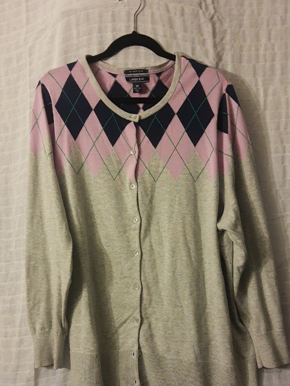 Lands' End Light Gray Cardigan with Pink and Navy Argyle